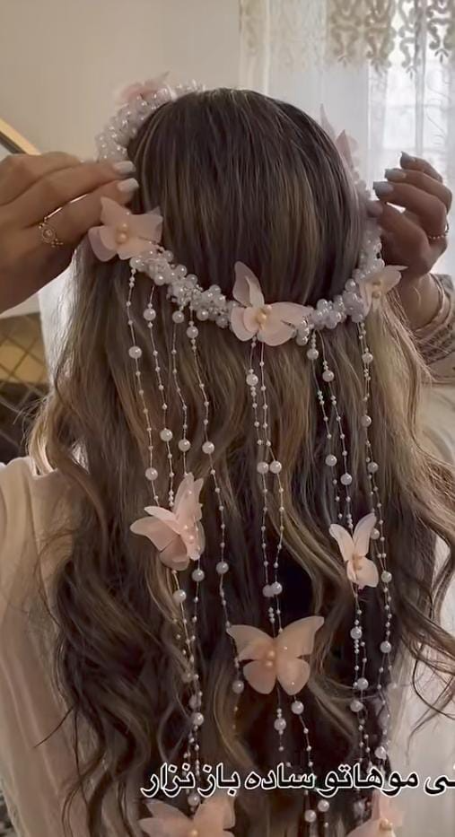 Butterfly pearl hair crown with cascading pearl strands