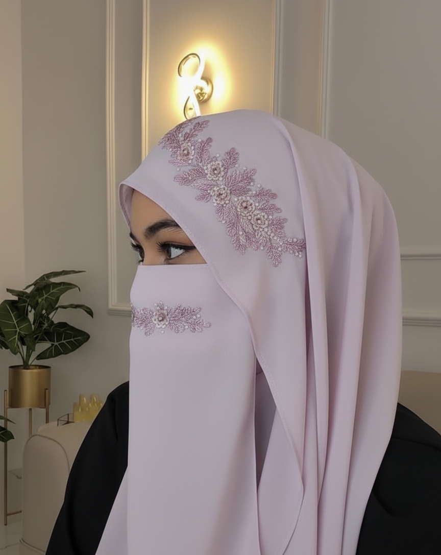 “Lightweight Malaysian chiffon hijab with attached niqab, soft and flowy fabric.”