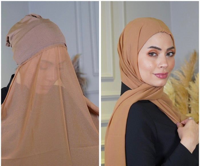 Chiffon Hijab with attached cap - Breathable, Stretchable