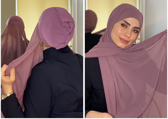 Chiffon Hijab with attached cap - Breathable, Stretchable