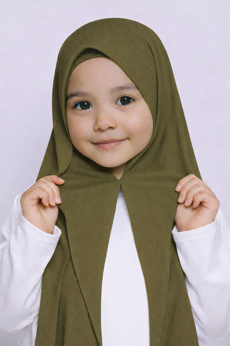 Army Green Magnet kids hijab for girls, easy wear no pin school hijab made from soft and comfortable fabric
