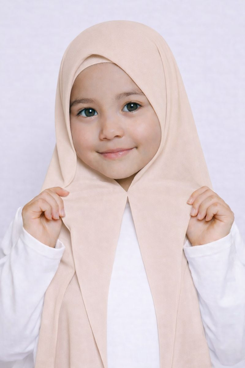 Beige Magnet kids hijab for girls, easy wear no pin school hijab made from soft and comfortable fabric
