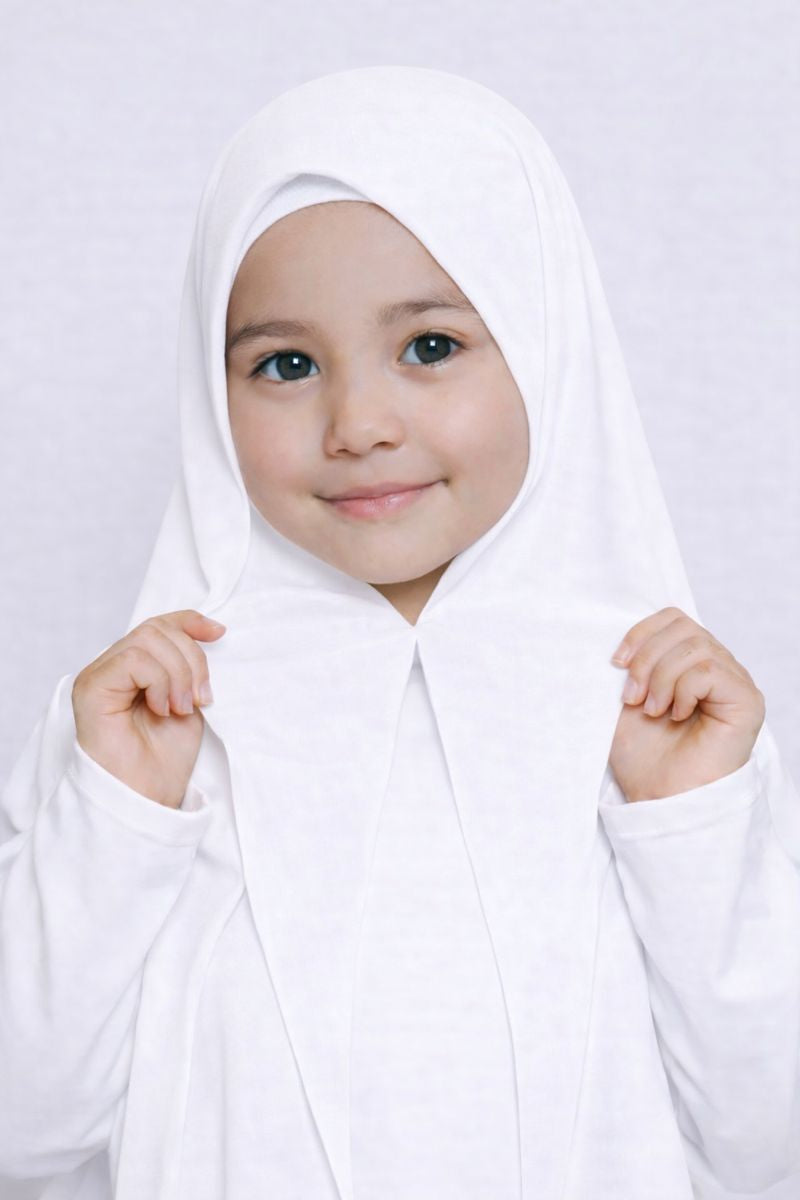 White Magnet kids hijab for girls, easy wear no pin school hijab made from soft and comfortable fabric
