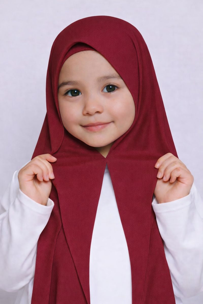 Rose Maroon Magnet kids hijab for girls, easy wear no pin school hijab made from soft and comfortable fabric

