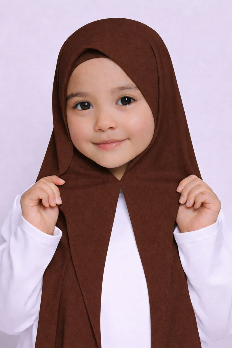 Coco Brown Magnet kids hijab for girls, easy wear no pin school hijab made from soft and comfortable fabric
