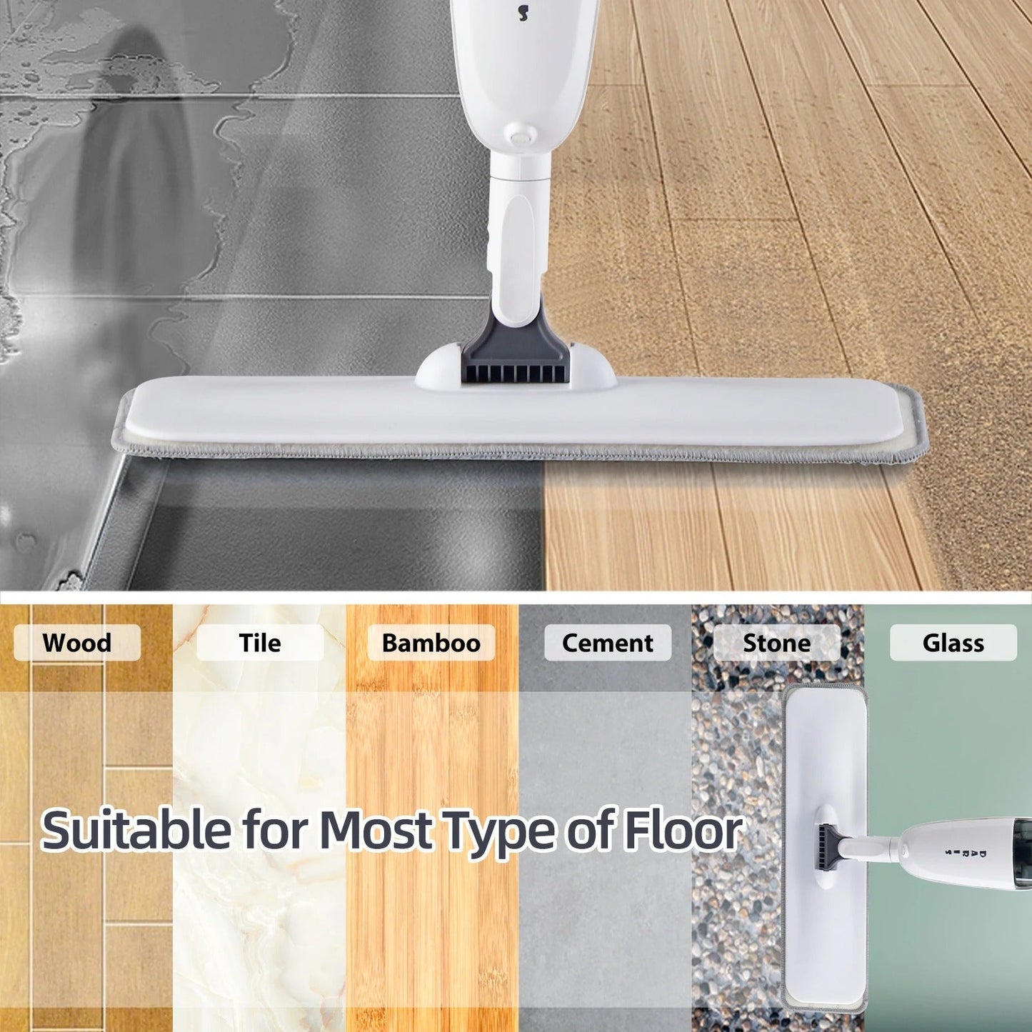 Spray Floor Cleaning Mop 500ML Wide Range Fan-shaped Mist Reusable Microfibers Pads 360° Flat Mop For Tile Wooden Floor