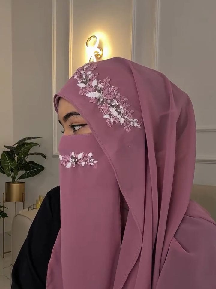 “Lightweight Malaysian chiffon hijab with attached niqab, soft and flowy fabric.”