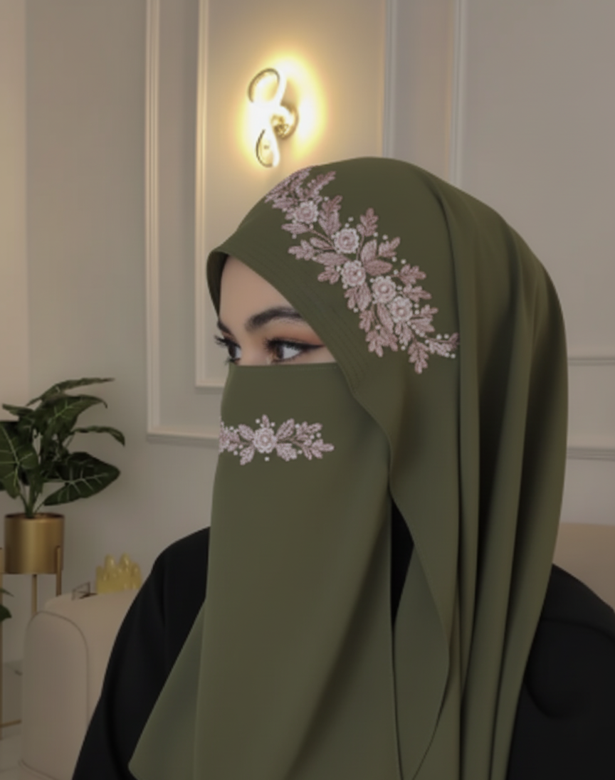 “Lightweight Malaysian chiffon hijab with attached niqab, soft and flowy fabric.”