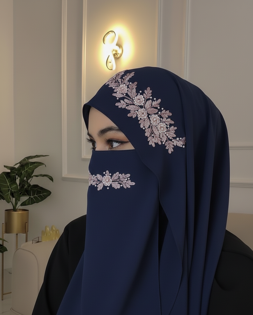 “Lightweight Malaysian chiffon hijab with attached niqab, soft and flowy fabric.”