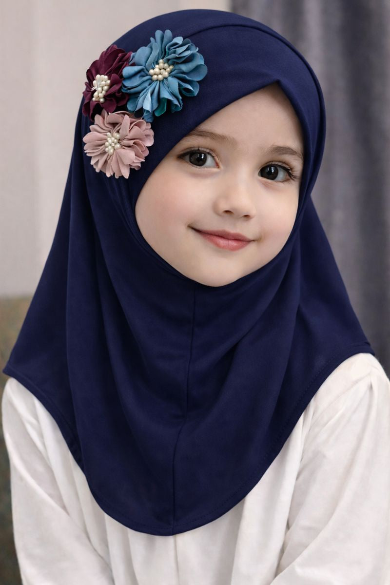 little noor navyblue floral hijab soft jersey hijab for girls pakistan