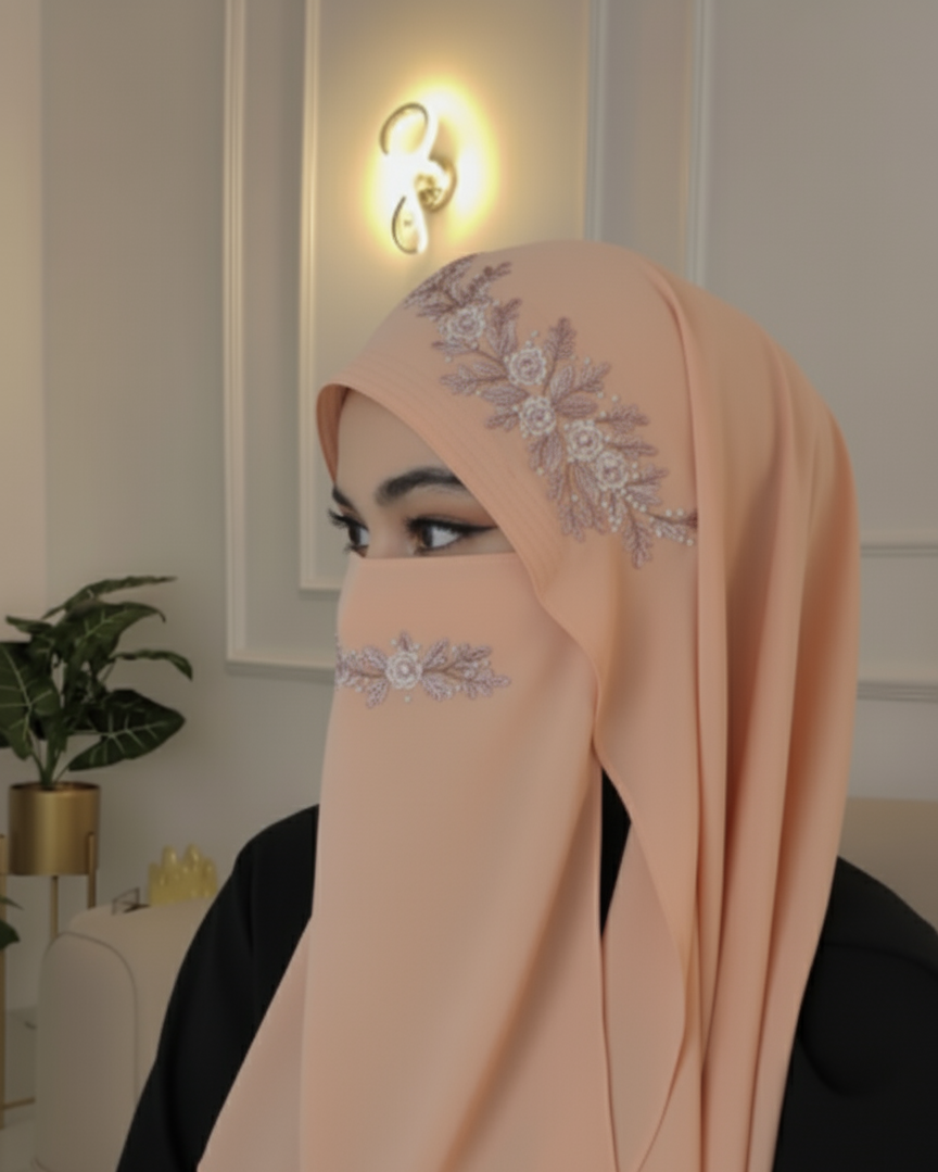 “Lightweight Malaysian chiffon hijab with attached niqab, soft and flowy fabric.”