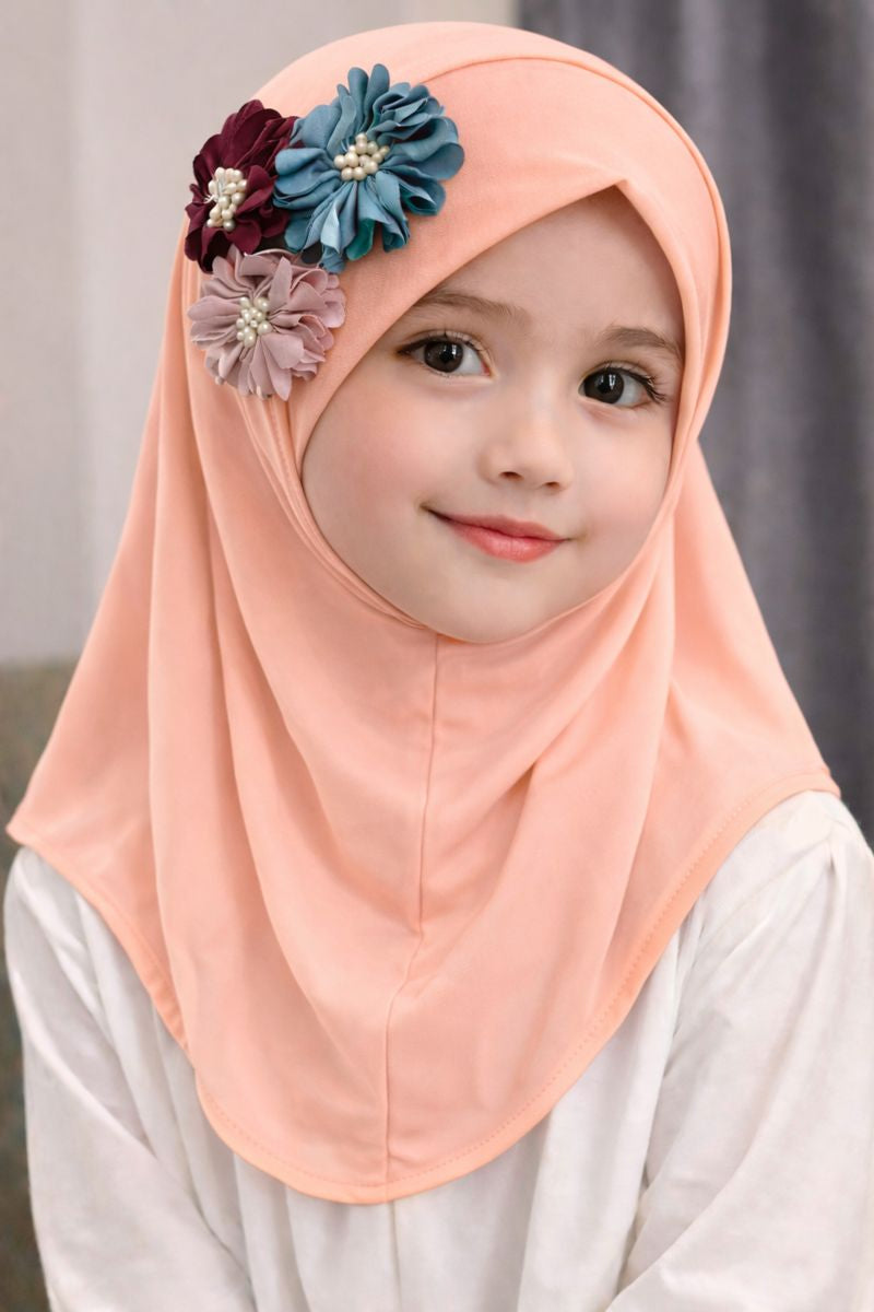 little noor peach floral hijab soft jersey hijab for girls pakistan