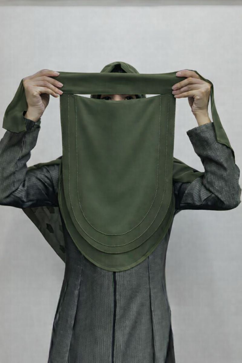 Army green Premium 3 layer niqab with flowy design, comfortable naqab set by Savvy Shopz

